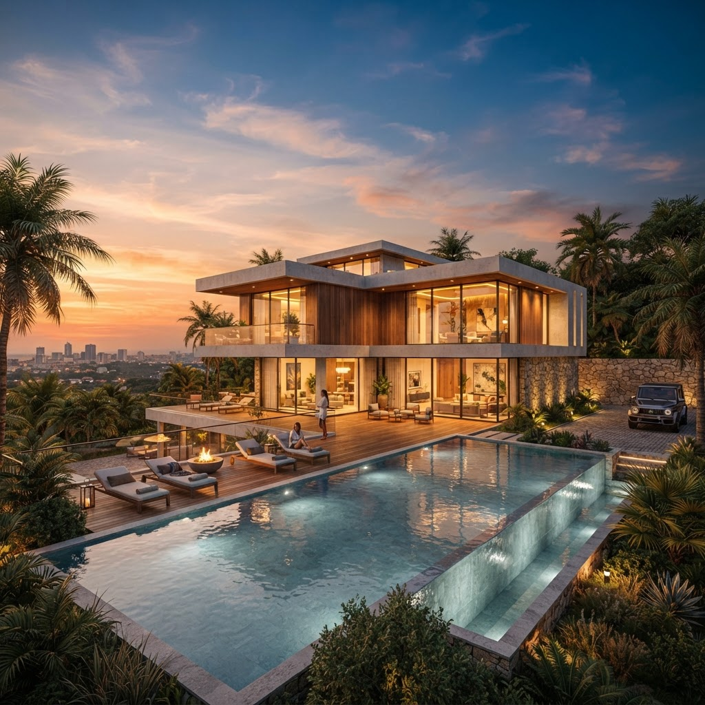 Villa moderne de luxe à Accra au coucher du soleil